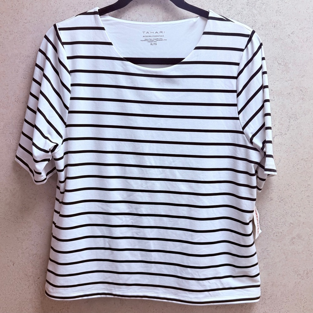 Tahari XL Womens Striped White Black Preppy Boating Nautical Lined Stretch Top